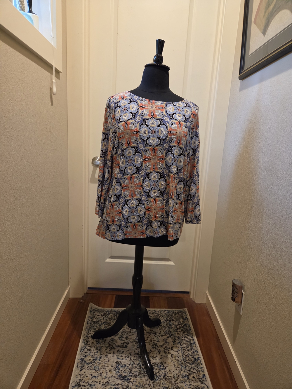 JM Collection Women's Boatneck Patterned Blouse in Blue and Orange